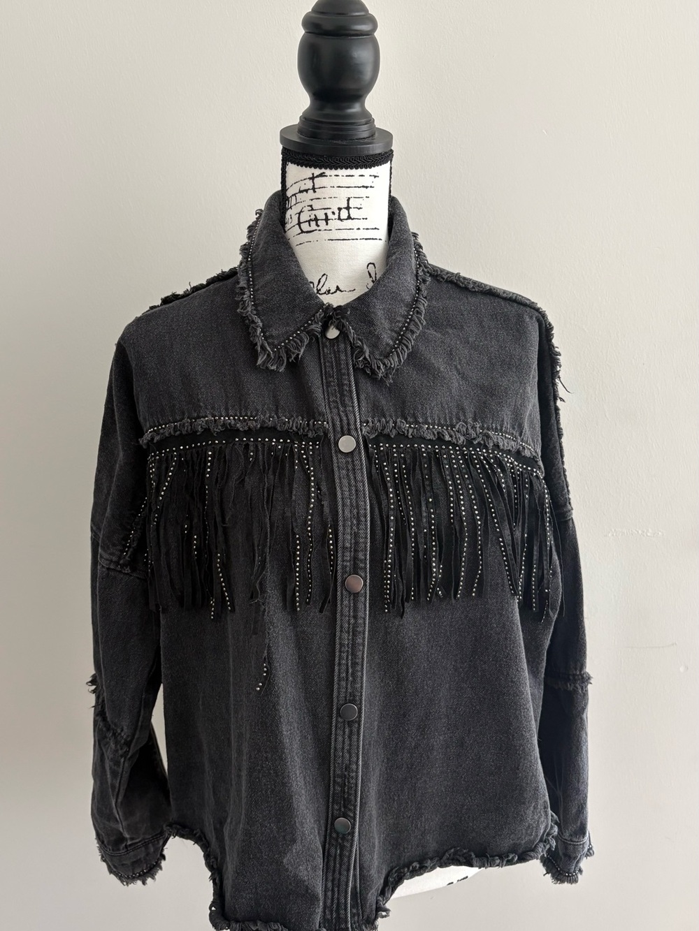 Zara Black Denim Rhinestone Fringe Oversized Jacket Size S